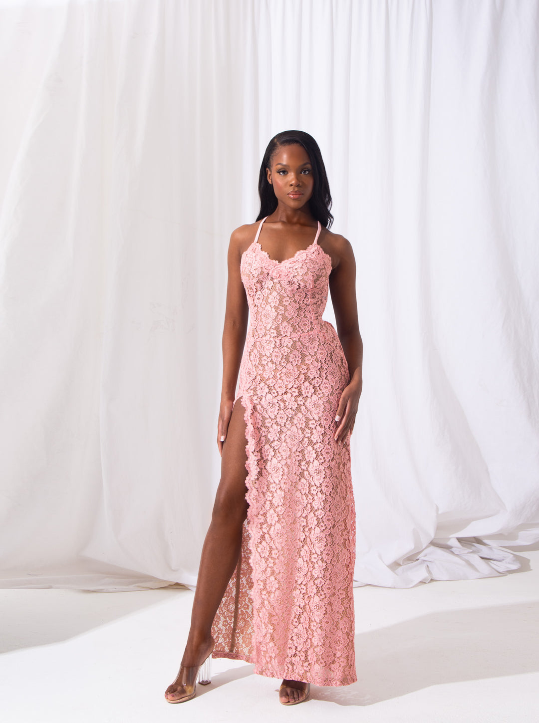 Alexandra- Sexy Long Stretchy Evening Lace Gown In Baby Pink – Twin By Tare  Isaac