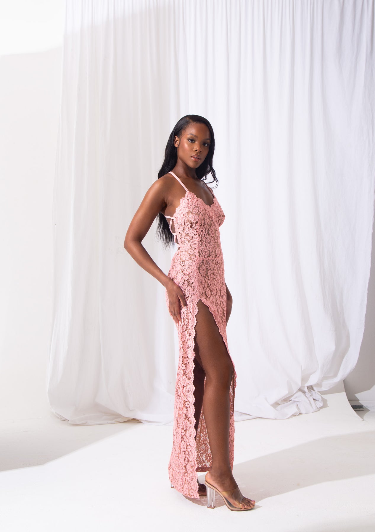 Alexandra- Sexy Long Stretchy Evening Lace Gown In Baby Pink Alexandra- Sexy Long Stretchy Evening Lace Gown In Baby Pink