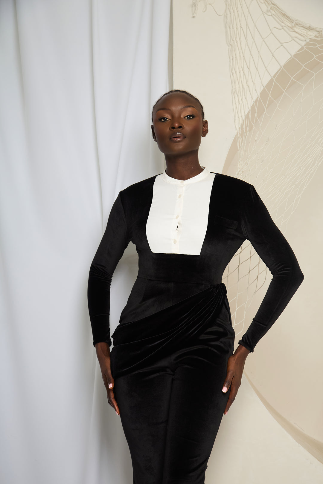 Preye- Velvet Tuxedo Jumpsuit with Drape - Batch 02 Pre-Order