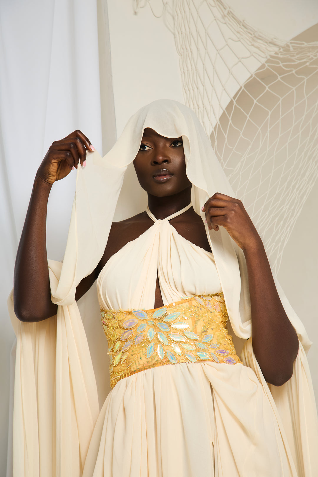 Erema - Ivory Cape Gown with Gold Waist Detail